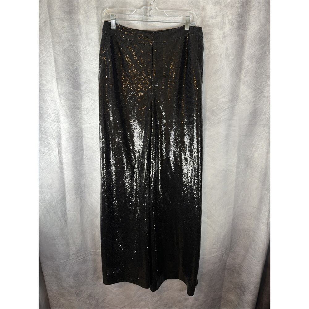 Avec Les Filles Black Sequin Wide Leg Pants Size 10 High Rise Evening Party - Picture 2 of 10
